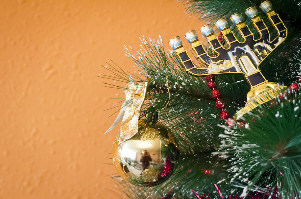 Menorah decoration on Christmas tree